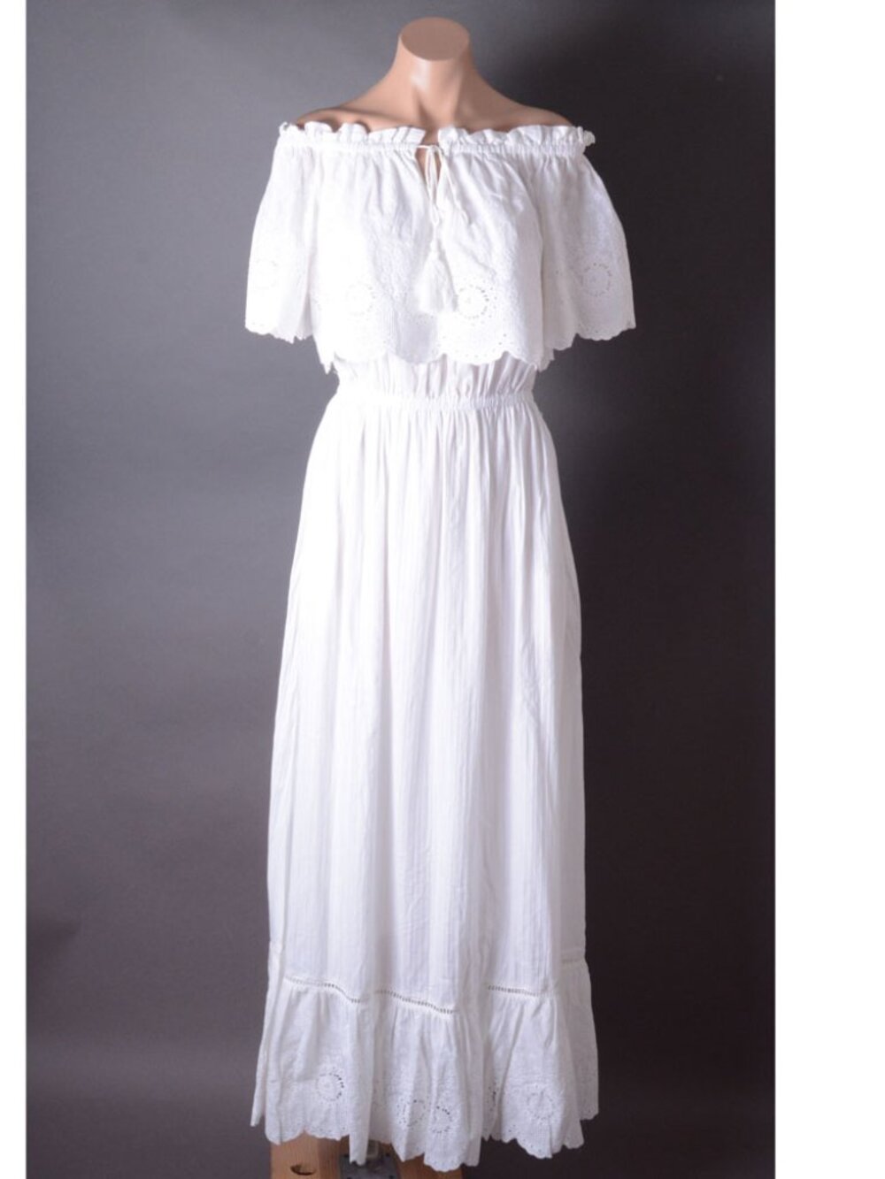 White Off Shoulder Pockets Crochet Ruffle Boho Fringe Short Sleeve Maxi Dress